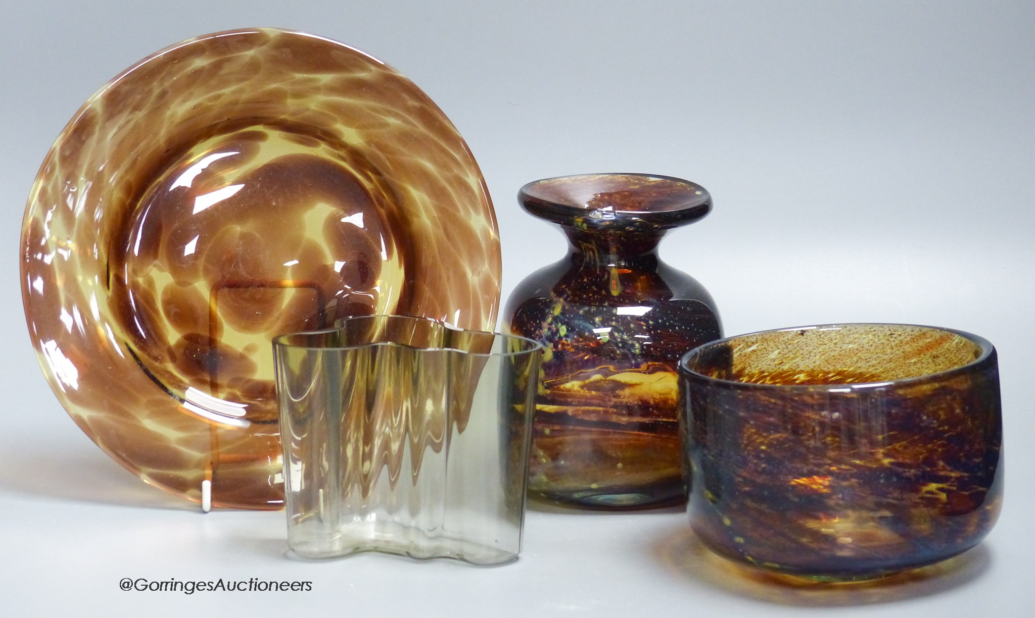 A Mdina glass bowl, together with an Alvar Aalto vase and two other pieces of glass